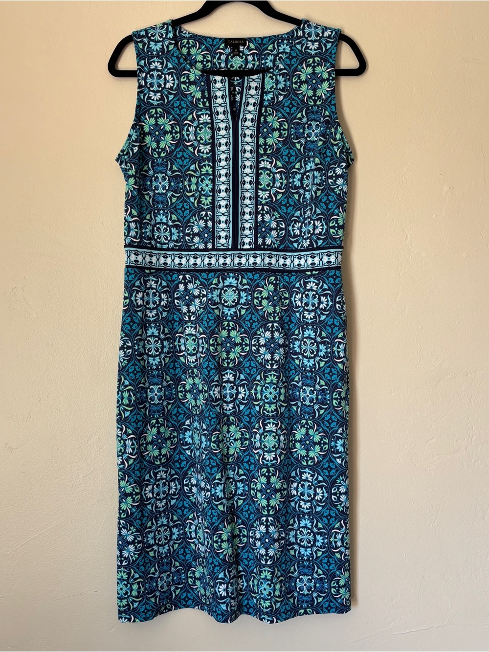 Talbots Blue & Turquoise Tile Print w/ Split Neckline Jersey Dress, M